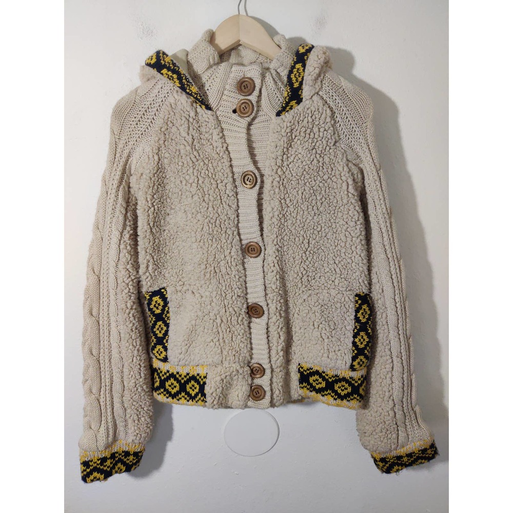 Jack by BB Dakota Beige Richie Wooby Zip Hooded Sherpa & Knit Aztec Jacket L
